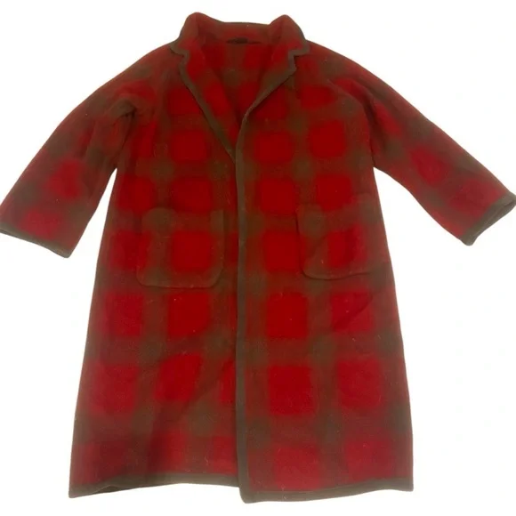 J. Peterman tartan plaid red Blackwatch oversize wool Balmacaan overcoat trench